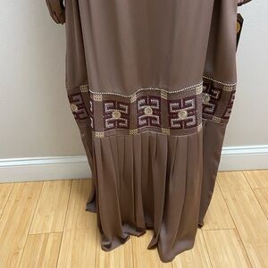 Rozan dress abaya maxi tan embroidered embellished Large NwT